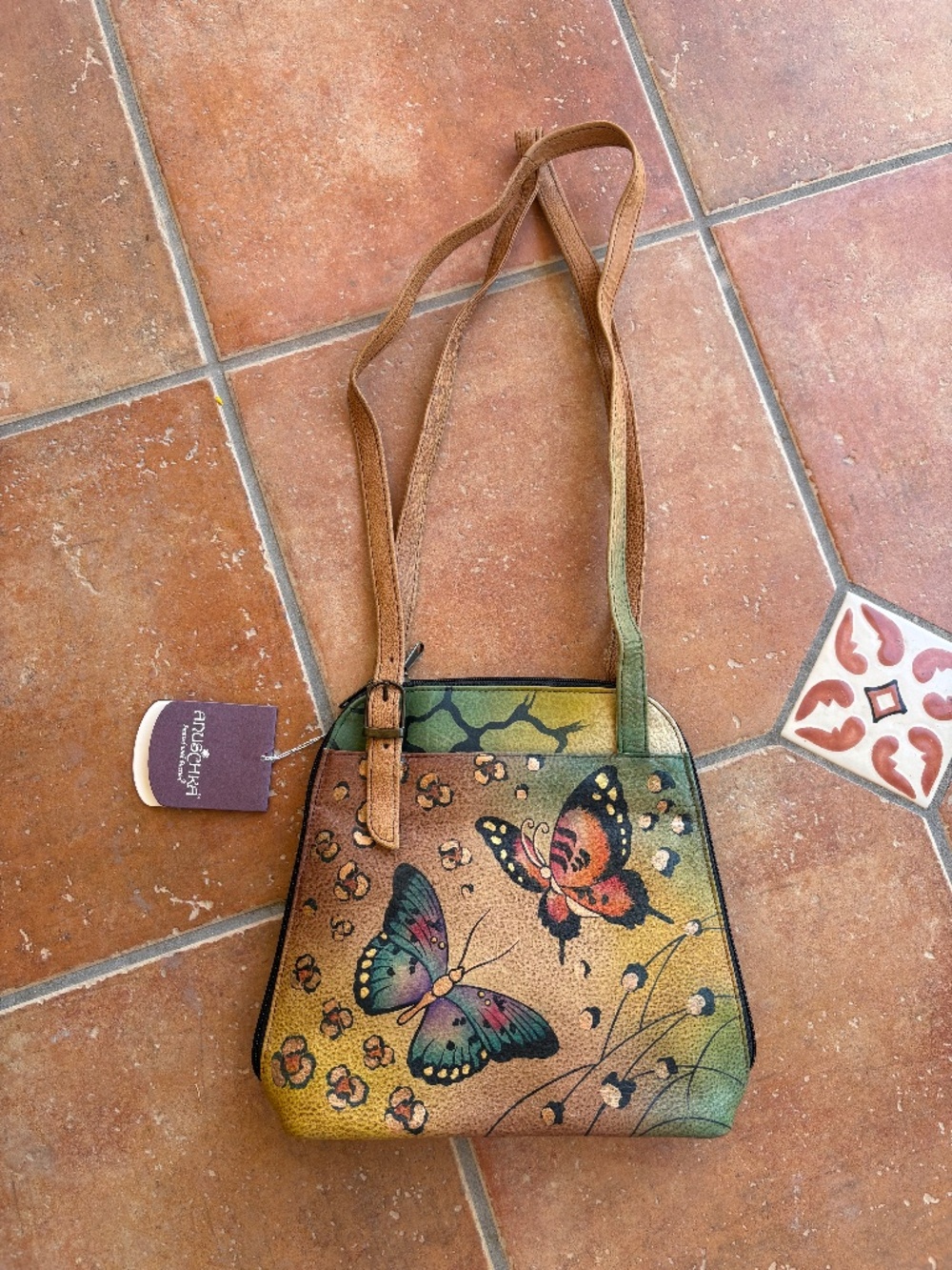 NWT Anuschka Leather Hand-Painted Butterfly Tiger Zip Around Satchel Bag Purse